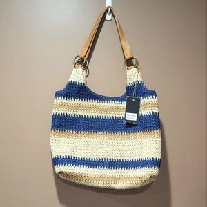 Tan and navy blue striped woven straw tote shoulder bag